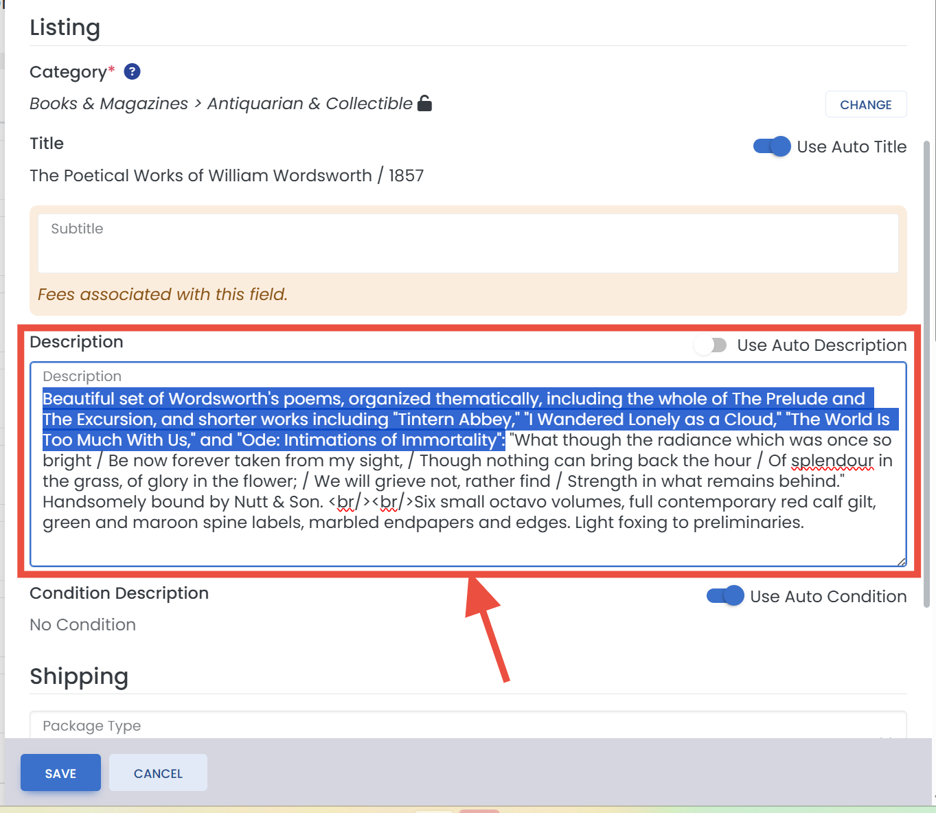 eBay description editor