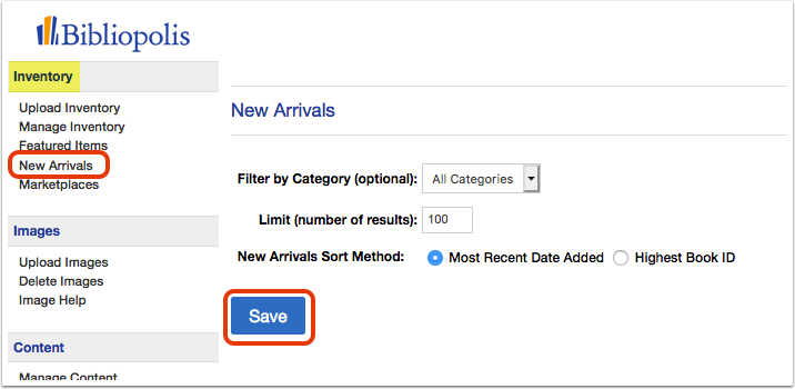 New Arrivals settings page