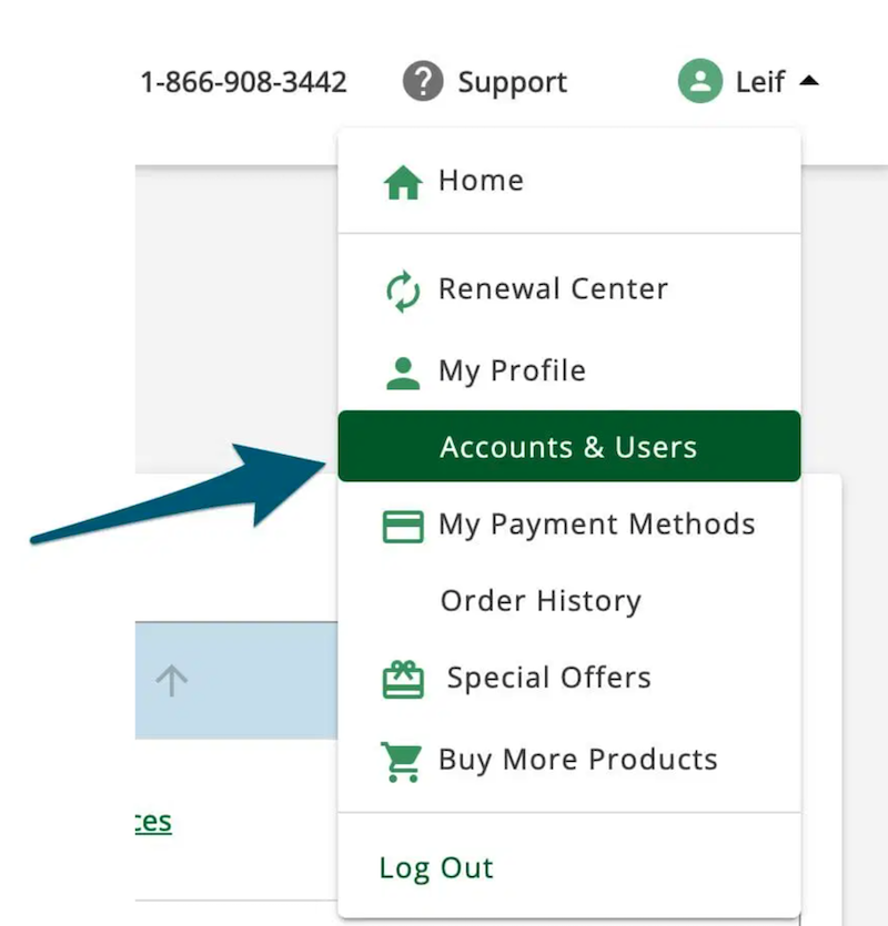 Network Solutions Accounts & Users menu