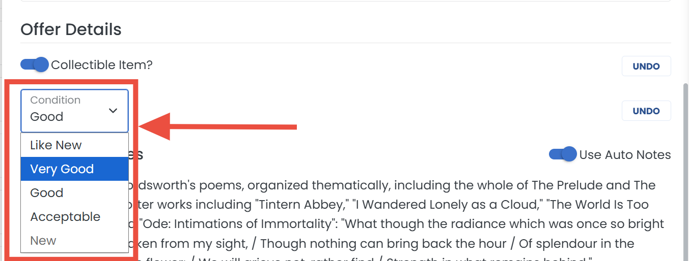 Collectible condition dropdown