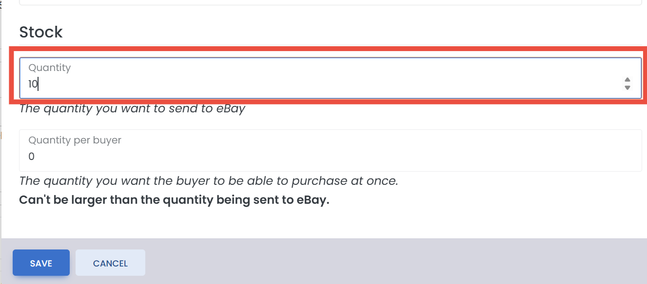 eBay stock settings