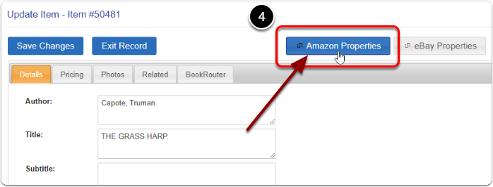 The Amazon Properties button on the item edit page