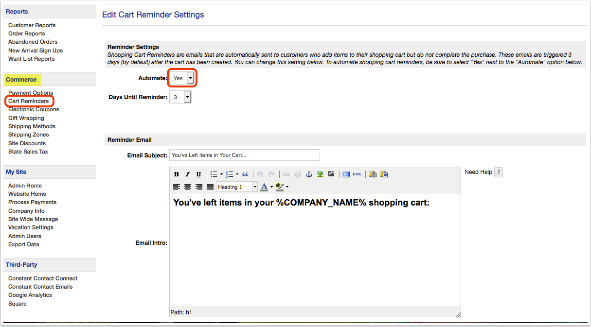 Cart Reminders automate setting